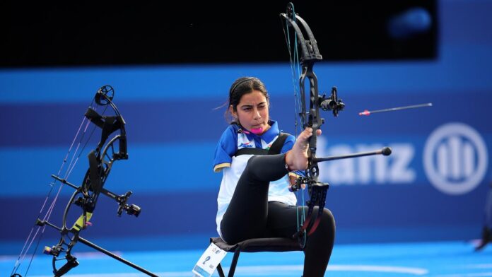 Sheetal Devi celebrates winning gold at the Para World Archery Championships